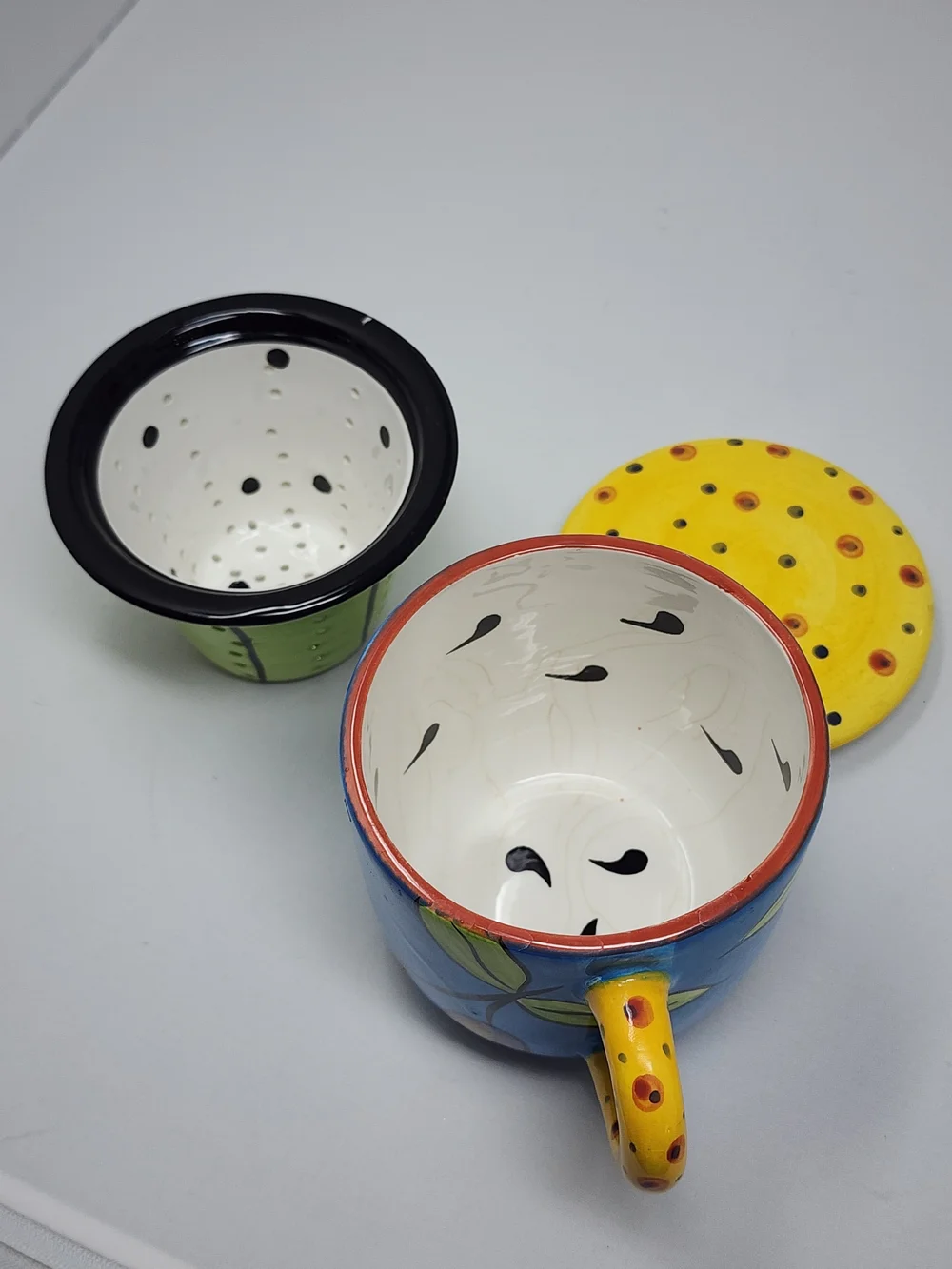 Hand-Painted Ceramic Tea Mug with Infuser and Lid - Blue & Yellow